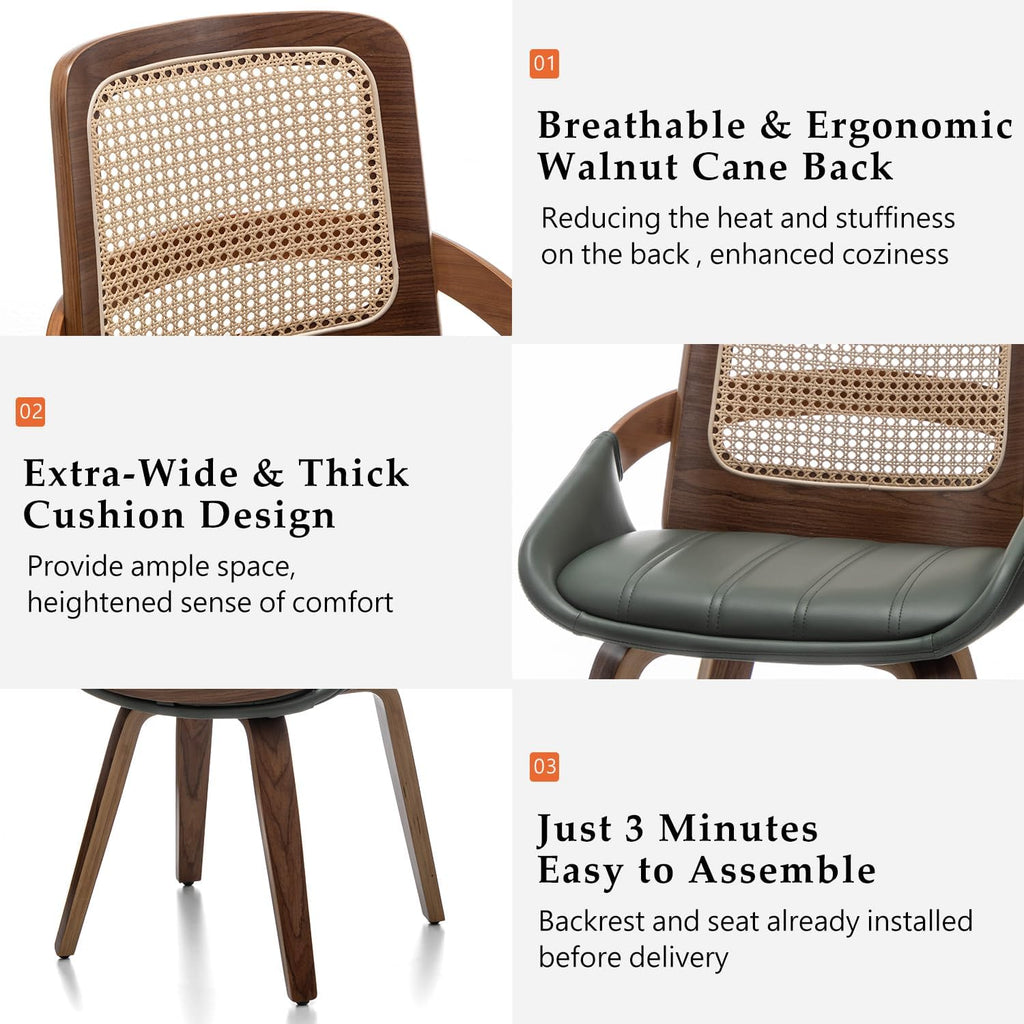 Set of 2 Kitchen & Dining Room Chairs - Green Dining Chairs with Walnut Bentwood Frame, Ergonomic Rattan Back, Curved Arms, Rattan Dining Chairs for Living Room/Reception/Kitchen/Desk (Walnut Green)