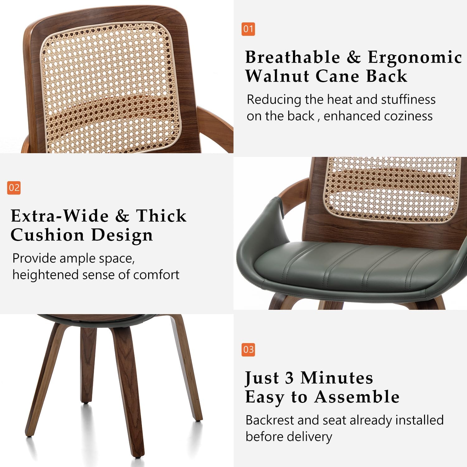 Set of 2 Kitchen & Dining Room Chairs - Green Dining Chairs with Walnut Bentwood Frame, Ergonomic Rattan Back, Curved Arms, Rattan Dining Chairs for Living Room/Reception/Kitchen/Desk (Walnut Green)