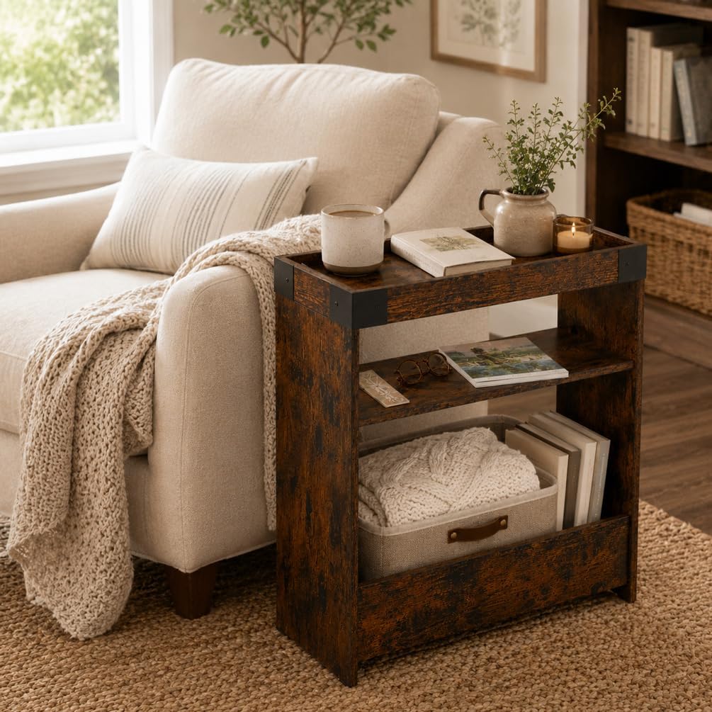 Farmhouse Narrow Side Table with Tray Top & Magazine Rack, Sofa Couch Side Table with Storage Shelf, Slim End Table for Small Spaces, Modern Nightstand for Bedroom, Living Room (Rustic Brown)