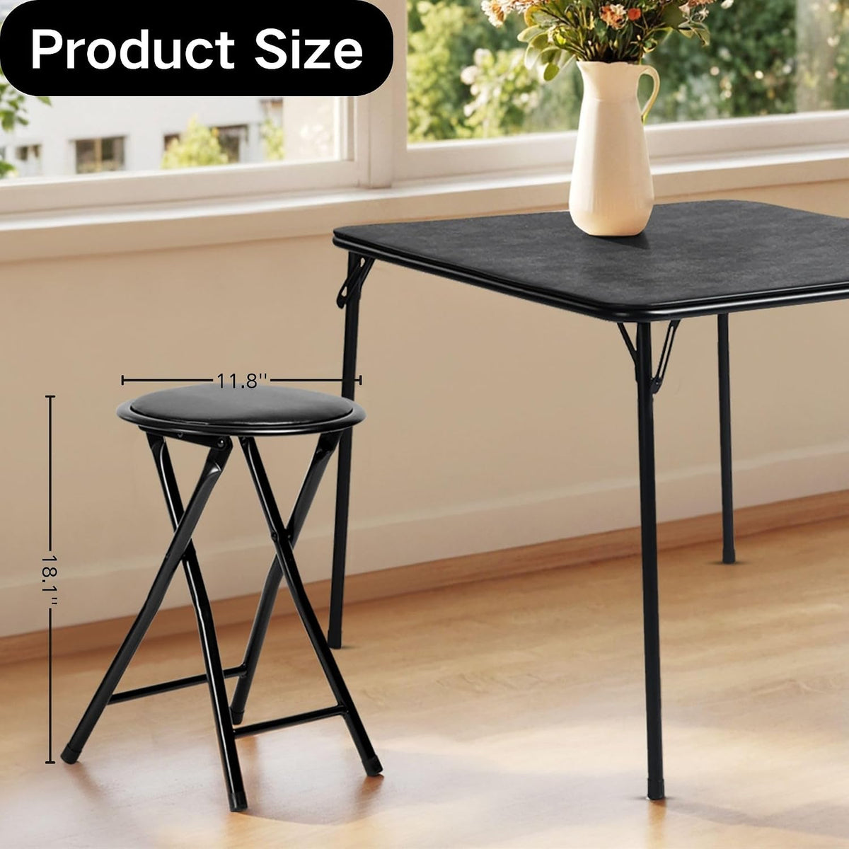 Homy Casa 18-Inch Backless Folding Stools with Soft Seat, Portable Waterproof Faux Leather Stools Foldable Chairs with Sturdy Frame for Indoor and Outdoor Use (Black, Set of 4)