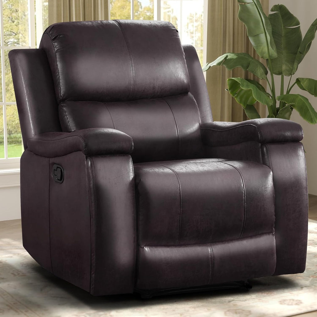 IOMOR Leather Recliner Chair, Manual Recliner Chair for Adults with Overstuffed Arms and Back, Single Sofa Recliner with Cup Holders for Living Room (1, Dark Brown)