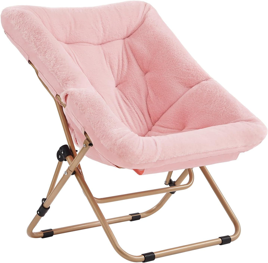 Tiita Comfy Folding Saucer Chair for Adults, Moon Chair, Pink | Soft Faux Fur Seat, Metal Frame Structure, Cozy Accent Seating for Reading and Relaxing in Bedrooms, Living Rooms and Dorms