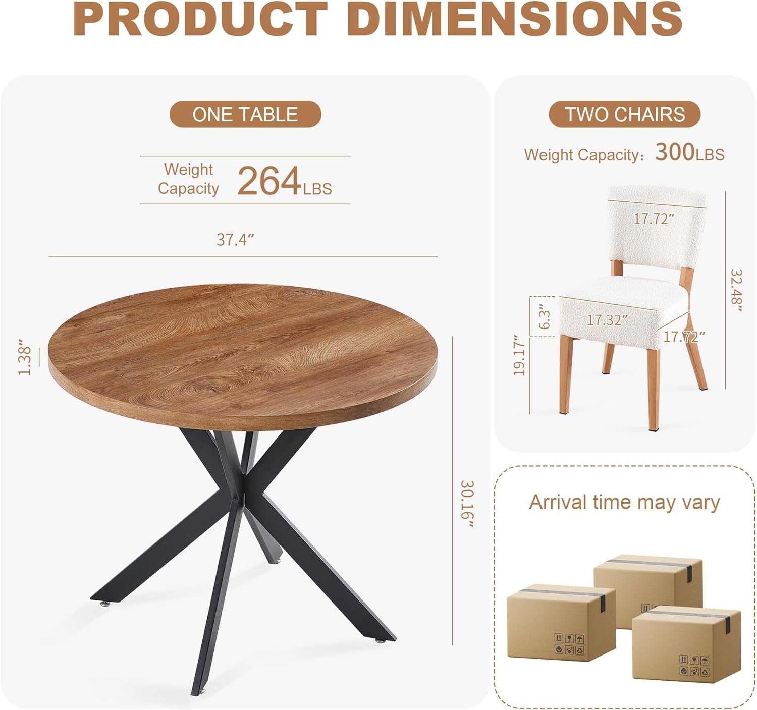 3-Piece Round Table & Chair Set, Space Saving Kitchen Breakfast Nook Walnut Wood Grain Tabletop with Metal Frame and 2 Stackable Dining Chairs for Kitchen, Dining Room, White
