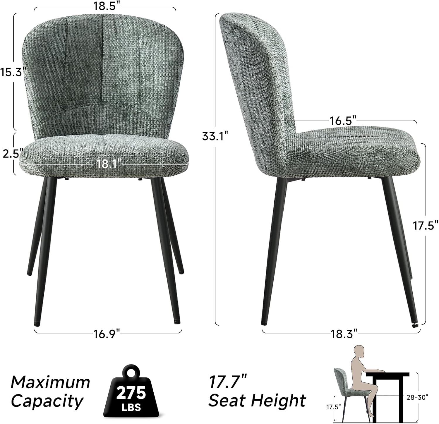Green Chenille Dining Chairs Set of 4 Accent Chair for Kitchen | Modern Upholstered Chenille Fabric Accent Chairs for Dinner Living Room Curved Wingback Adjustable Feet(Only Chairs)