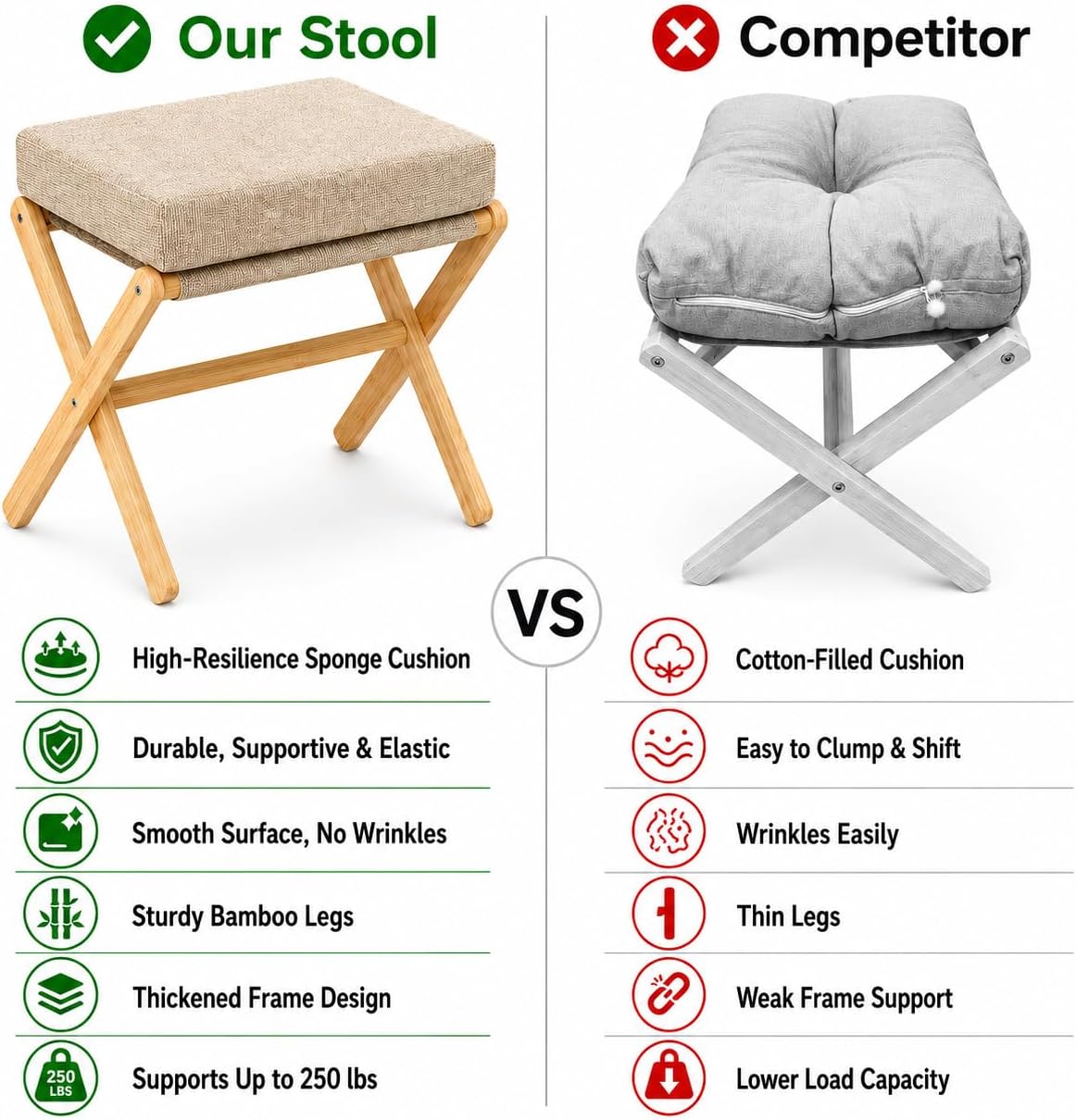BAMBOOHOMIE Foldable Foot Stool Ottoman, Modern Foot Rest with Bamboo X Legs & Thick Foam Cushion, Folding Foot Stools Small Padded for Bedroom Living Room, Footstool for Chair Couch (Natural - Brown)