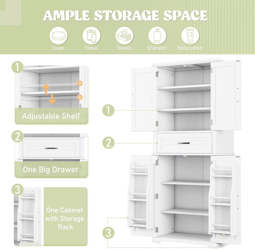 72 Inch Storage Cabinet, Tall Kitchen Pantry Cabinet with Slide Rails Drawer and Adjustable Shelf, Linen Storage Cabinet with Doors and Functional Storage Rack, for Bathroom or Kitchen, White