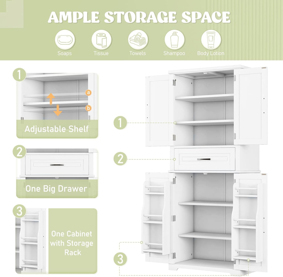 72 Inch Storage Cabinet, Tall Kitchen Pantry Cabinet with Slide Rails Drawer and Adjustable Shelf, Linen Storage Cabinet with Doors and Functional Storage Rack, for Bathroom or Kitchen, White