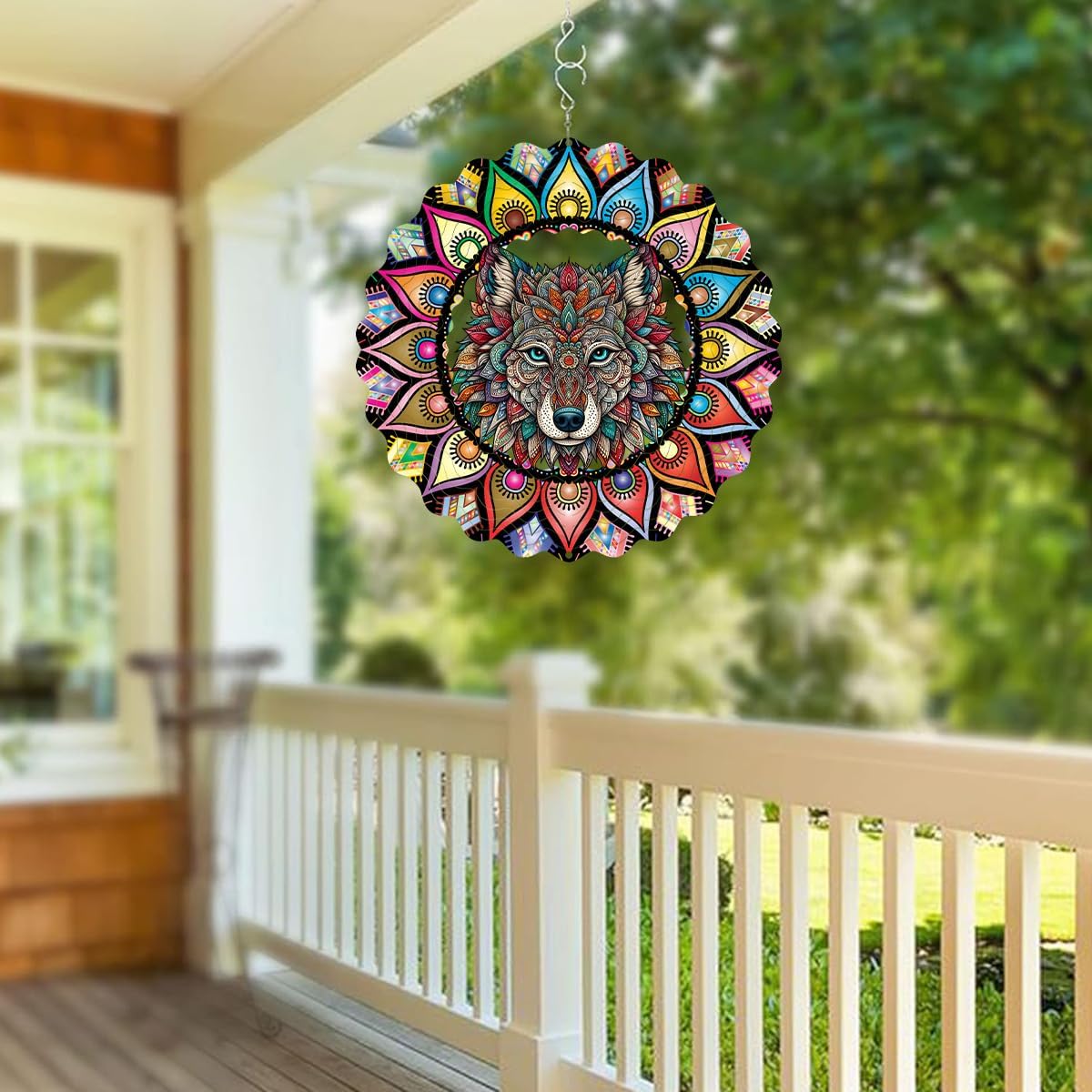 Hanging Wolf Wind Spinner for Outdoor Indoor 3D Stainless Steel Wind Sculptures 10 Inch Cool Animal Metal Wind Spinner for Yard Garden Living Room Zoo Great Gift for Women Friend
