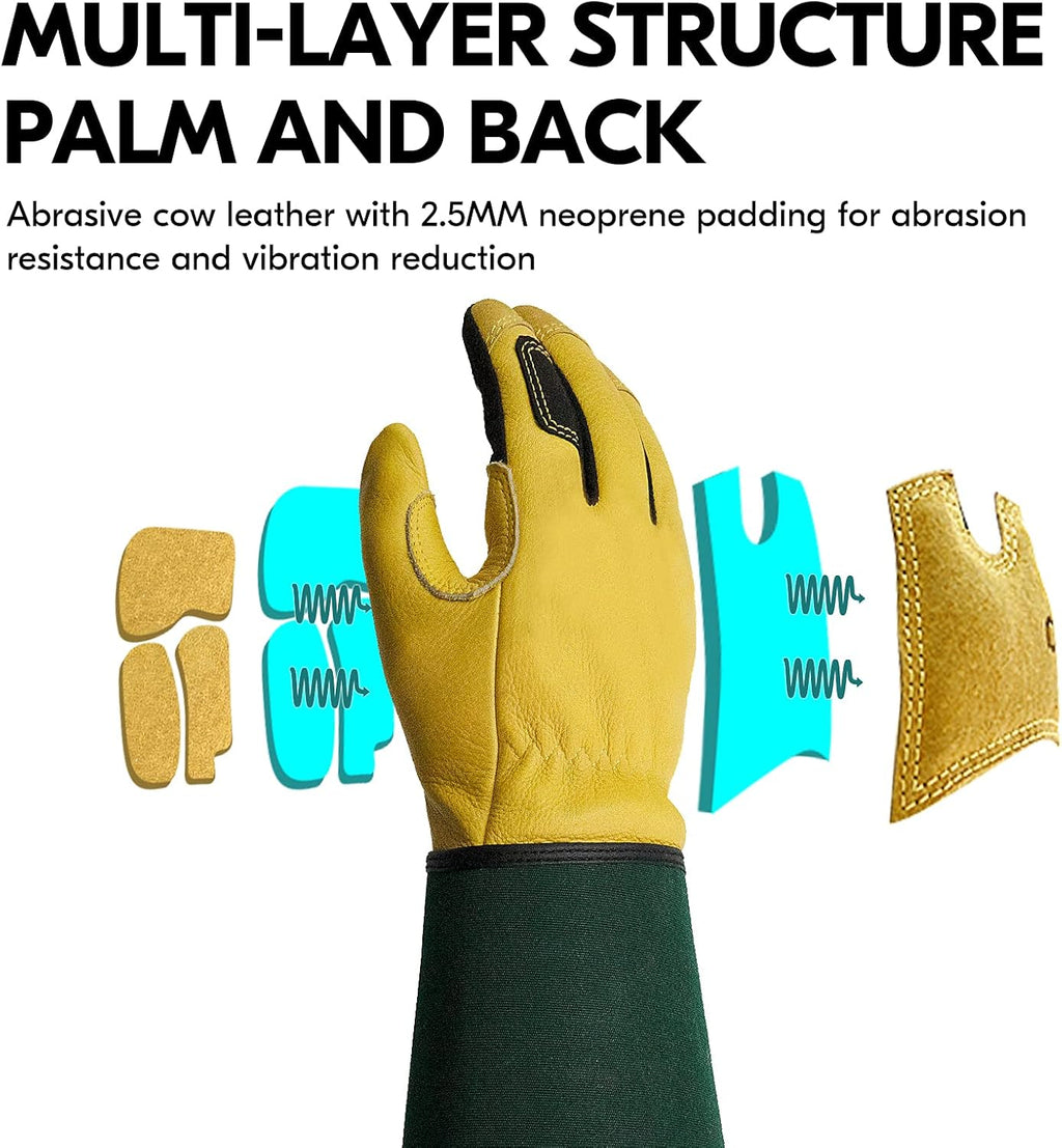 Vgo... Safety Work Gloves Men,Extra-long Cuff, Cow Grain Leather,Puncture-proof, Thornproof, Durability, Touchscreen,Gardening (1 Pair,Size L, Golden Green, CA7472)