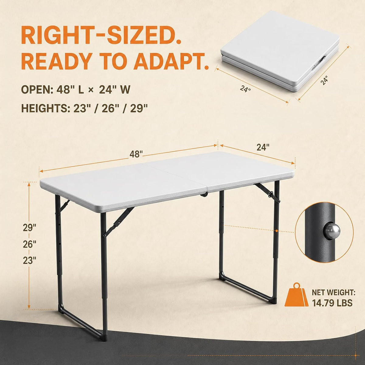 4FT Folding Table 3 Levels Adjustable Height, Heavy Duty Fold-in-Half Portable Table, 400 lbs Capacity Foldable Table for Party Dining Camping Events Picnic Outdoor Indoor Use, 2 Pack