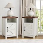 Farmhouse Nightstand Set of 2 with Charging Station, Modern Bedside Table with Barn Door and Shelf, Sofa Side Table End Table for Bedroom, Living Room, White