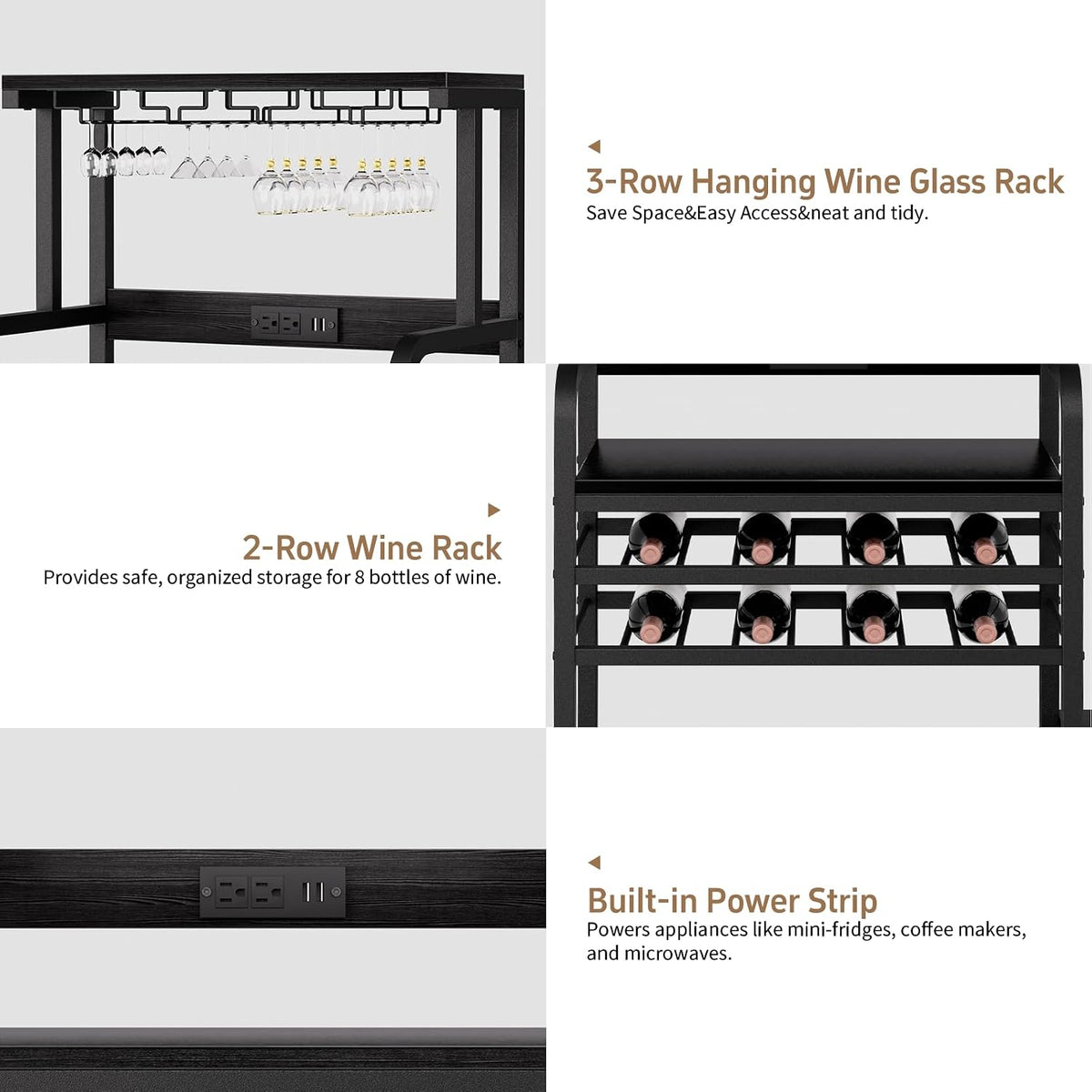 Mini Fridge Stand with Power Outlet, Microwave Stand with Wine Rack, Coffee bar with Removable Storage Baskets, Suitable for Dorm, Kitchen, Dining Area, Black