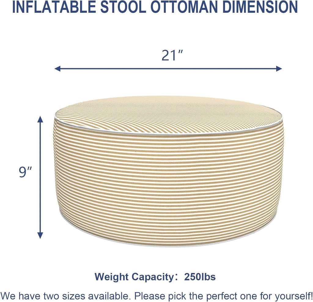 Inflatable Stool Ottoman, Footrest Ottoman with Handle, Outdoor or Indoor Round Portable Stool for Patio Home Decoration, 21x9 Inch, Stripe Beige