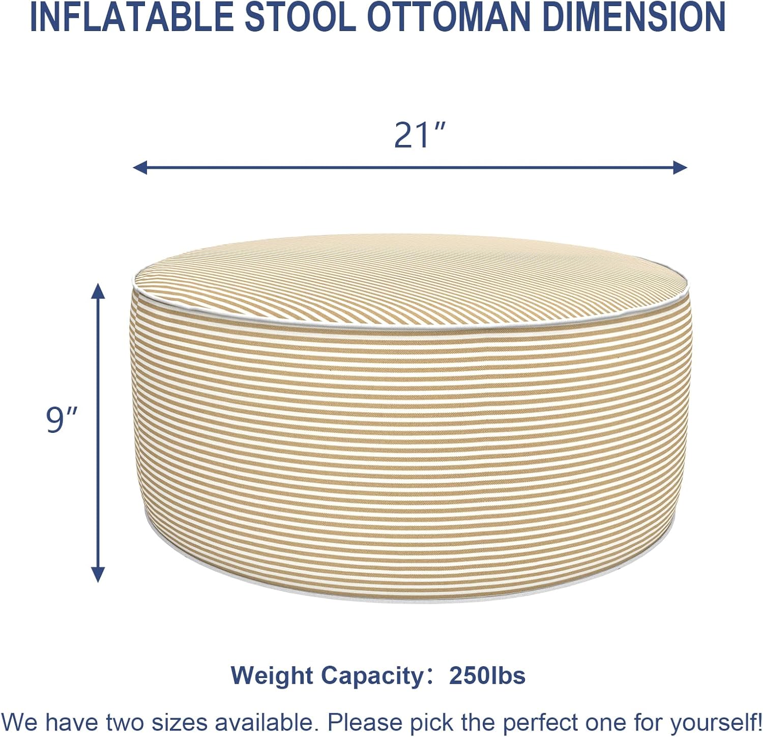 Inflatable Stool Ottoman, Footrest Ottoman with Handle, Outdoor or Indoor Round Portable Stool for Patio Home Decoration, 21x9 Inch, Stripe Beige