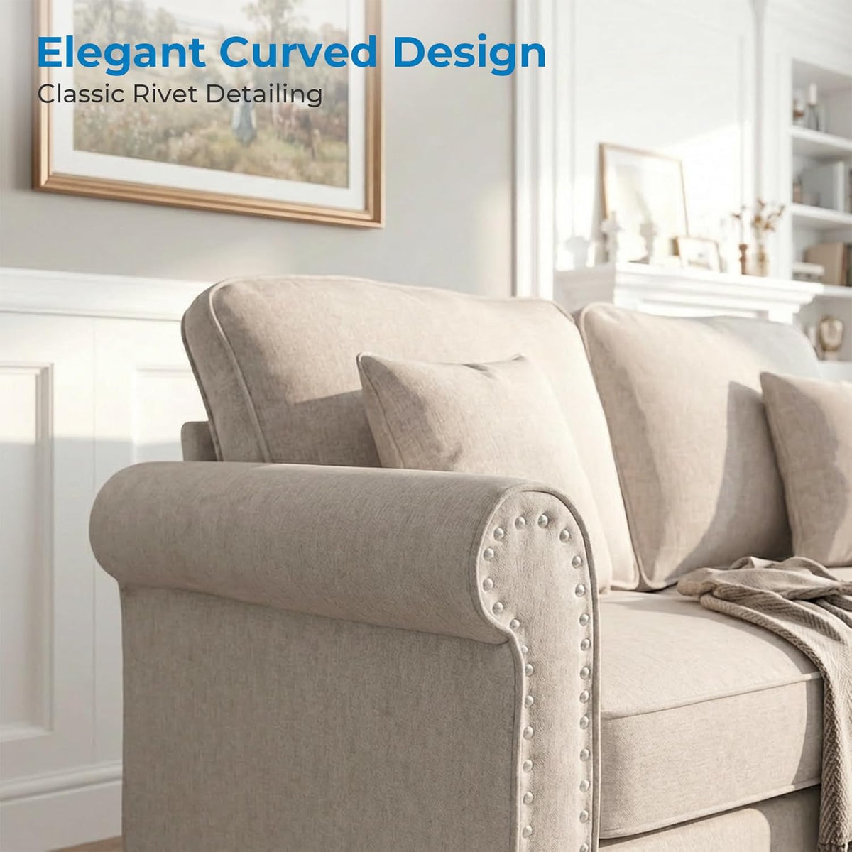 Mjkone 3 Pieces Living Room Sofa Set, Modern Sectional Sofa Couch and Loveseat & Armchair Set, Gourd Shape Wood Legs & Linen Fabric & Nailhead Trim Design Sofas Couches for Living Room, Beige