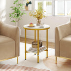 Giantex Round Side Table Set of 2, 2-Tier Faux Marble Bedside Night Stand w/Metal Frame & Open Storage Shelf, Gold Accent Style, Tall Coffee Sofa End Table for Living Room Bedroom Small Spaces