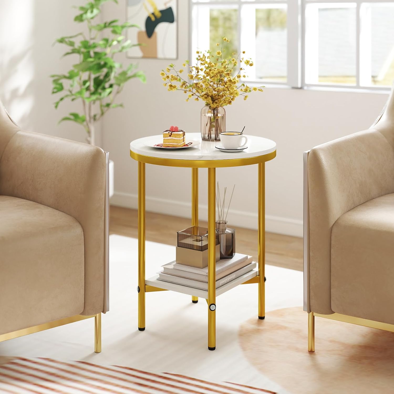 Giantex Round Side Table Set of 2, 2-Tier Faux Marble Bedside Night Stand w/Metal Frame & Open Storage Shelf, Gold Accent Style, Tall Coffee Sofa End Table for Living Room Bedroom Small Spaces