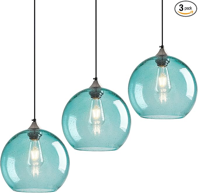 Light Blue Glass Pendant Lights Kitchen Island Globe Pendant Light Fixtures Modern Pendant Lighting for Bedroom Living Dining Room Light Fixture (9.84 in, 3 Pack)