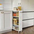 KLM 4 Tier White Slim Storage Cart with Handle, Slide Out Storage Rolling Utility Cart for Kitchen, Laundry, Narrow Places-6.7" W