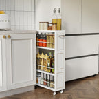 KLM 4 Tier White Slim Storage Cart with Handle, Slide Out Storage Rolling Utility Cart for Kitchen, Laundry, Narrow Places-6.7" W