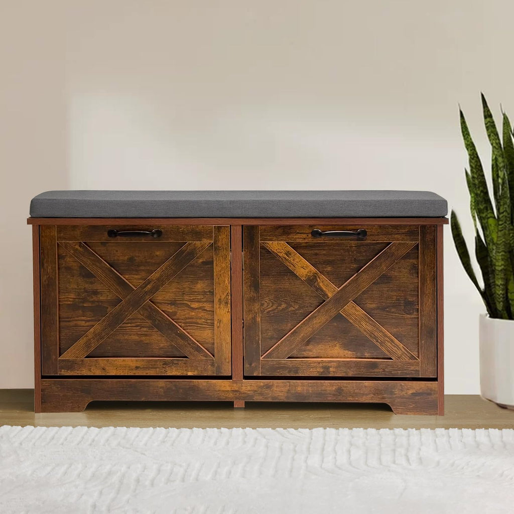 Shoe Storage Bench with 2 Flip Drawers & Barn Doors, Entryway Shoe Cabinet with Adjustable Shelves and Cushioned Seat,Shoe Organizer Storage Bench for Hallway, Living Room, Bedroom, Brown