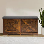 Shoe Storage Bench with 2 Flip Drawers & Barn Doors, Entryway Shoe Cabinet with Adjustable Shelves and Cushioned Seat,Shoe Organizer Storage Bench for Hallway, Living Room, Bedroom, Brown