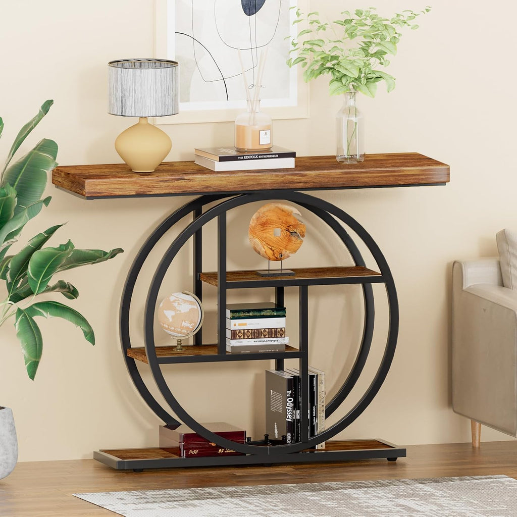RANXFLOAT Console Tables for Entryway, 4-Tier Industrial Narrow Wood Sofa Table, Entryway Table with Storage Shelves for Living Room (Without Outlet & LED)