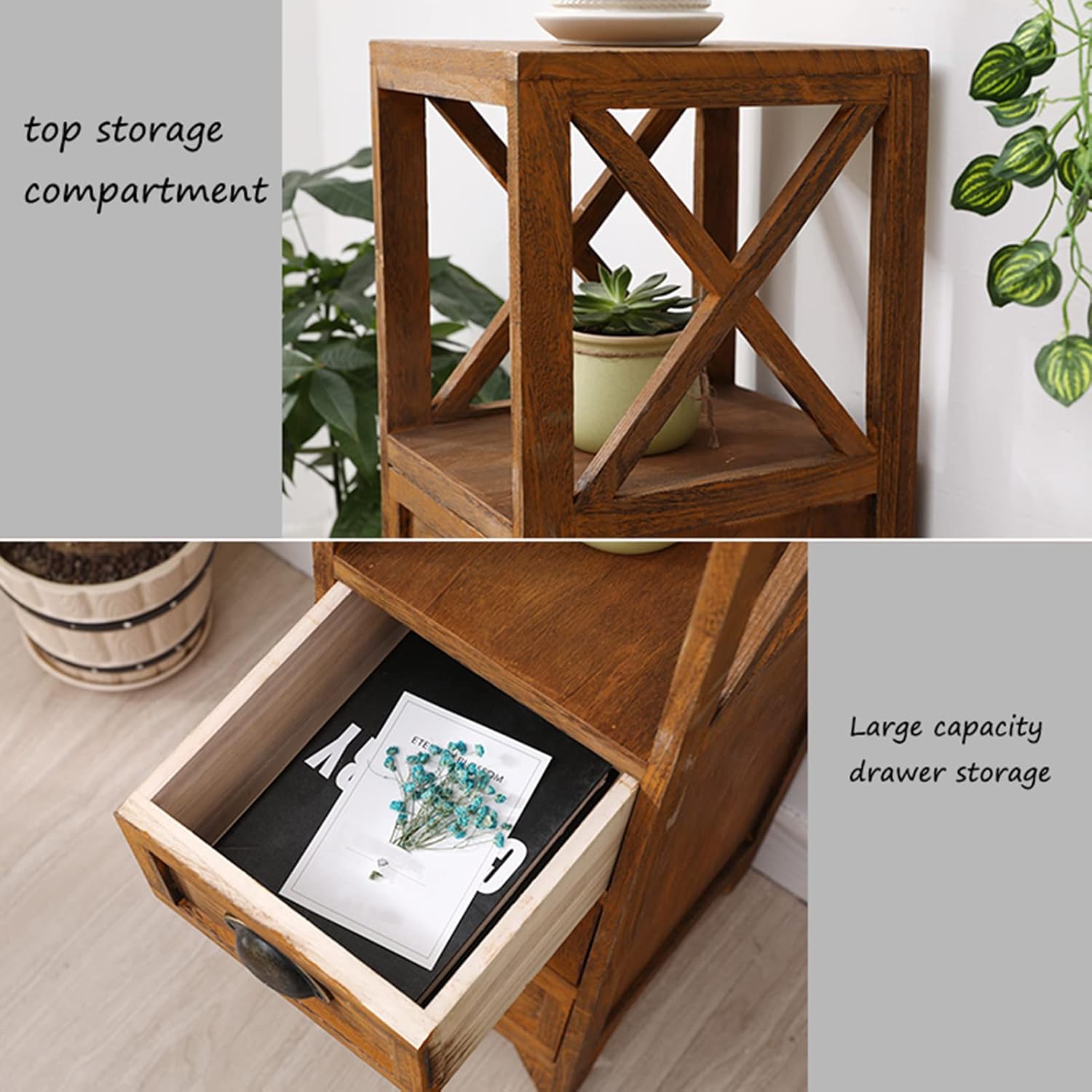 Vintage Bedside Table with Open Shelf and 2/3 Drawer Bedroom Nightstand Table Storage Cabinet Tall Hall Console Table Telephone End Table for Hallway Living Room