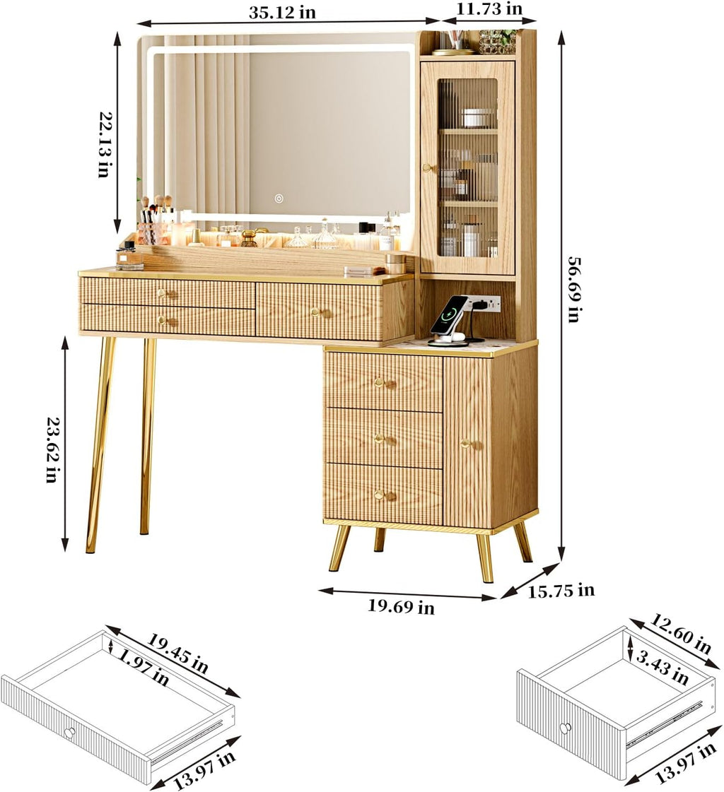 Arulvmrn Vanity Desk with 35.12" HD Lighted Mirror, 46.85" Big Modern Vanity Desk with Mirror and Lights, Makeup Vanity with 7 Drawers and Storage Shelves and Charging Station, Wood