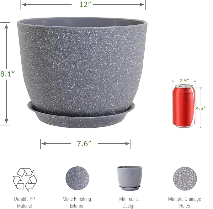 12inch Large Plant Pot, Modern Plastic Planter with High Driange Holes and Saucer for Indoor Outdoor Garden Plants and Flowers, Grey Speckles