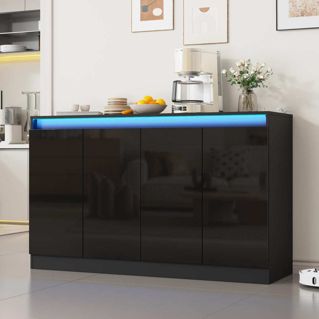 Furnify 51" W Buffet Cabinet with 4 Doors, High Gloss Sideboard Coffee Bar with LED Lights & Charging Station, Handless Modern Sideboard Storage Cabinet for Living Room, Entryway, Black