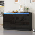 Furnify 51" W Buffet Cabinet with 4 Doors, High Gloss Sideboard Coffee Bar with LED Lights & Charging Station, Handless Modern Sideboard Storage Cabinet for Living Room, Entryway, Black