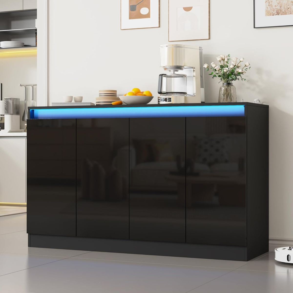 Furnify 51" W Buffet Cabinet with 4 Doors, High Gloss Sideboard Coffee Bar with LED Lights & Charging Station, Handless Modern Sideboard Storage Cabinet for Living Room, Entryway, Black