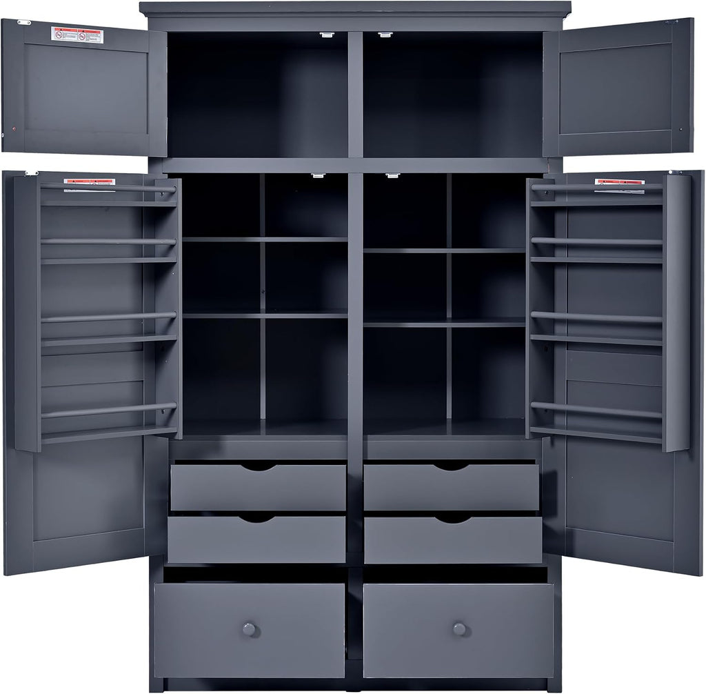 Freestanding Kitchen Pantry with Drawers, Shelves & Pull-out Trays,Gray | Freestanding tall unit with 8 door shelves, 4 pull-out trays, 6 drawers, gray finish, for dining room use