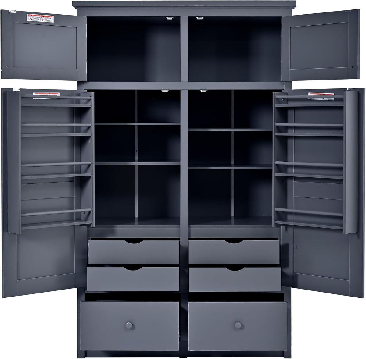 Freestanding Kitchen Pantry with Drawers, Shelves & Pull-out Trays,Gray | Freestanding tall unit with 8 door shelves, 4 pull-out trays, 6 drawers, gray finish, for dining room use