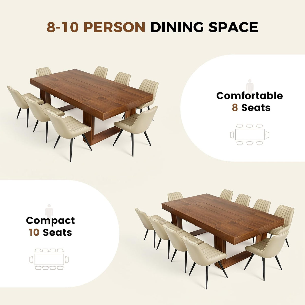 Miereirl 9-Piece Modern Farmhouse Dining Table Set, 86.6" x 47.2" Sturdy Stable Dining Table with 8 Chairs, Rectangular Kitchen Table Set for 8,(Walnut Table+8 Beige Chairs)