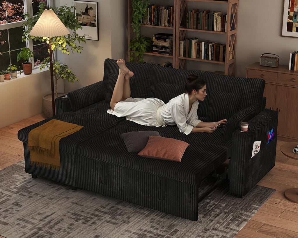 3 in 1 Pull Out Couch, Corduroy L Shaped Couch Sleeper Sofa Bed, Black | Reversible Storage Chaise, Charging Station, Cup Holder, Sleeper Sofa, for Living Room Apartment
