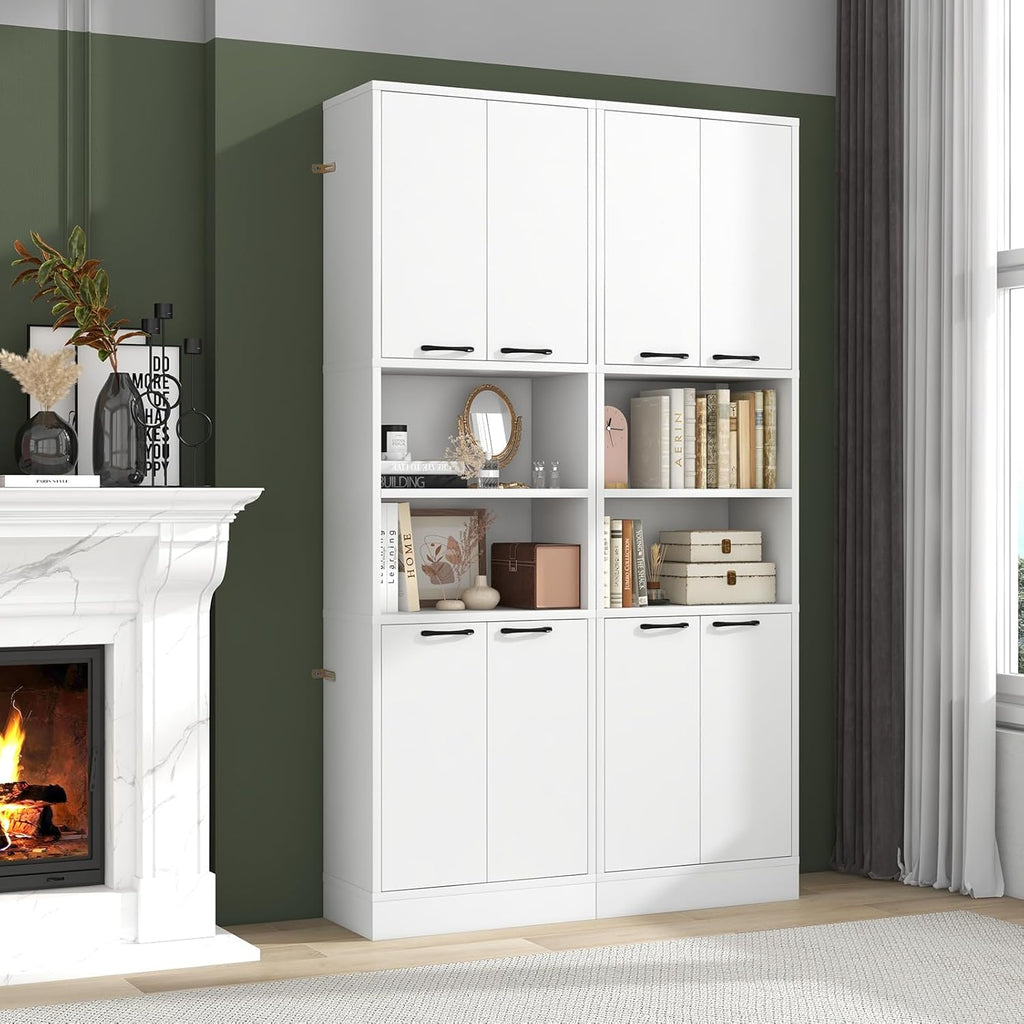 TANGZON 190CM Tall Kitchen Cupboard, 4-Door Storage Cabinet with Enclosed Cabinets, Open Compartments & Anti-tipping Kits, Freestanding Wooden Tall Sideboard for Pantry Dining Living Room (White)