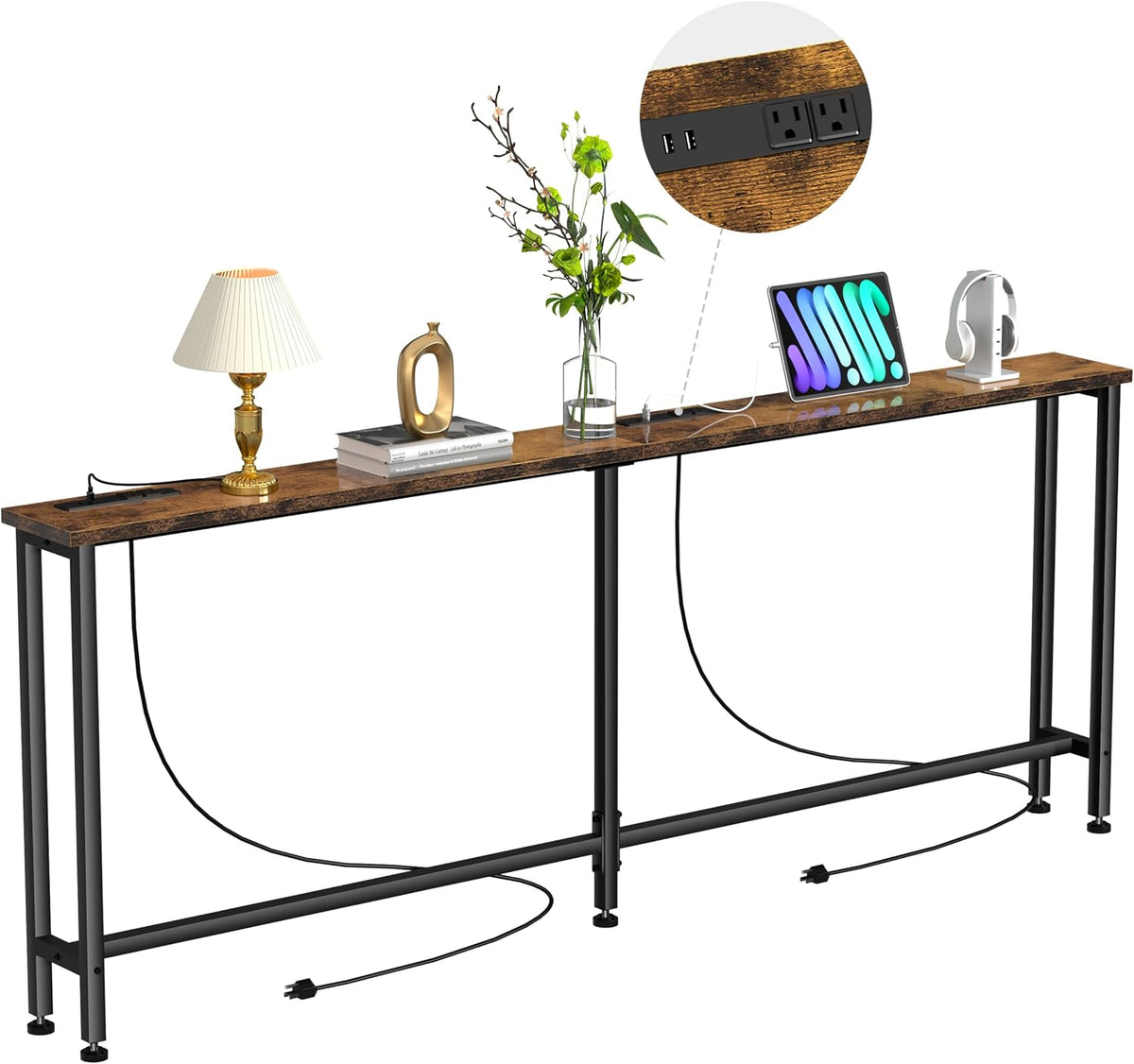 Keelian 90" Narrow Sofa Table - 2 Power Outlets & 4 USB Ports | Metal Frame, Perfect for Hallway, Office, and Behind Couch Table - Easy Assembly, 4.9" Extension Cord Included