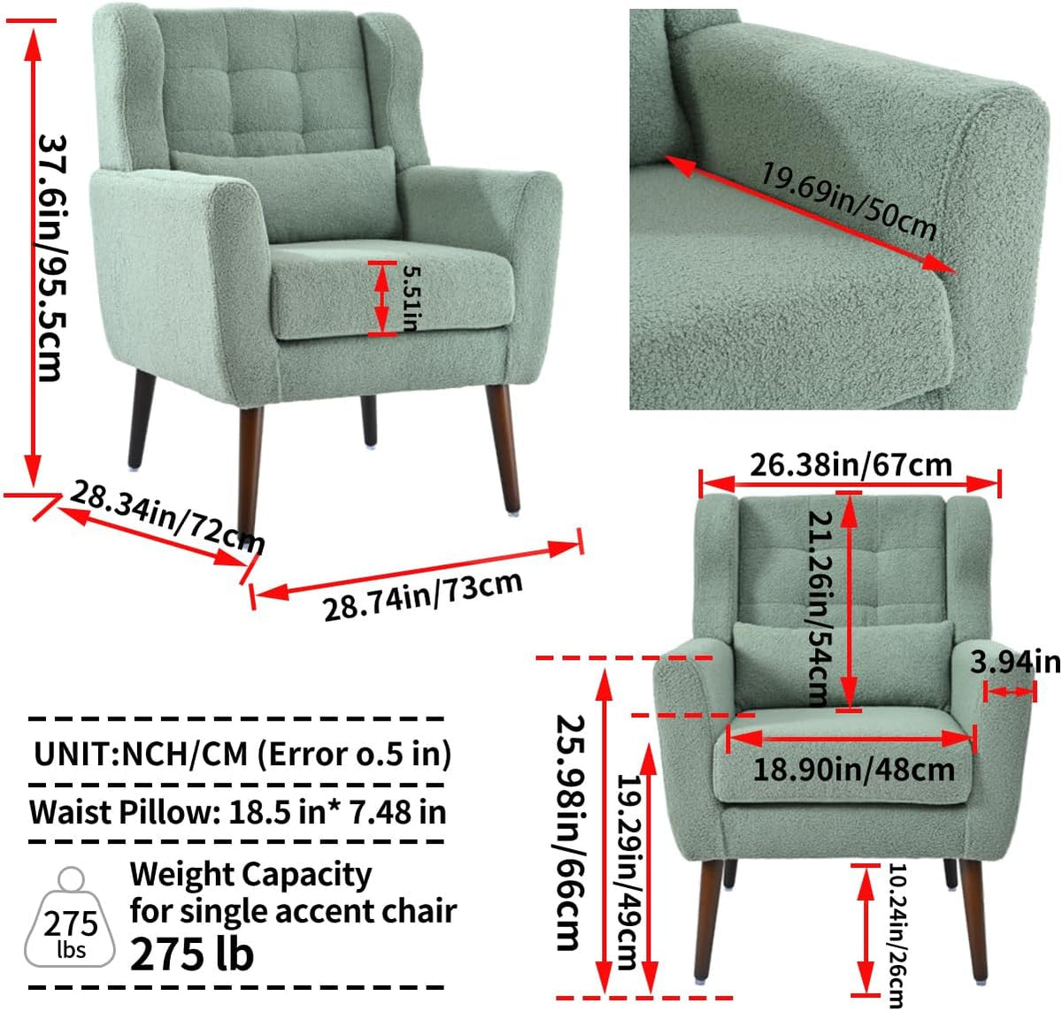 Accent Chair, Comfy Upholstered Living Room Chairs with High Tufted Backrest and Pillow, Wingback Reading Chair with Solid Wood Legs for Bedroom/Office,Teddy Fabric, Light Green