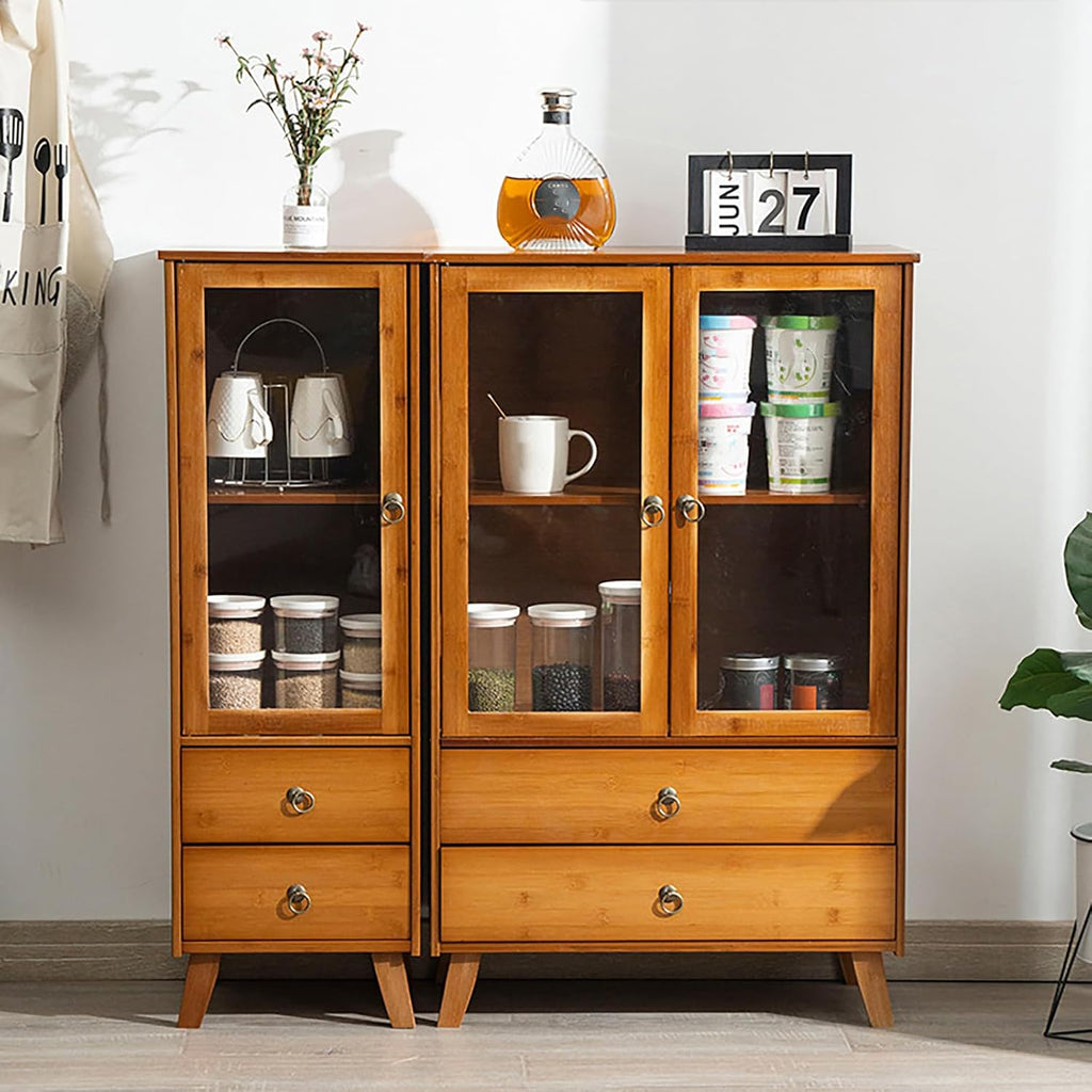 4 Tiers Bamboo Buffet Sideboard with Acrylic Doors,Floor Standing Pantry Cabinet with 2 Drawers for Kitchen Living Room