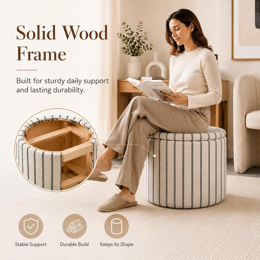 Wimarsbon 18inch Storage Ottoman with Detachable Tray, Mid Century Large Capacity Oversized Ottomans, Multifunctional Small Center End Tables, Suitable for Modern Home Styles (Round)