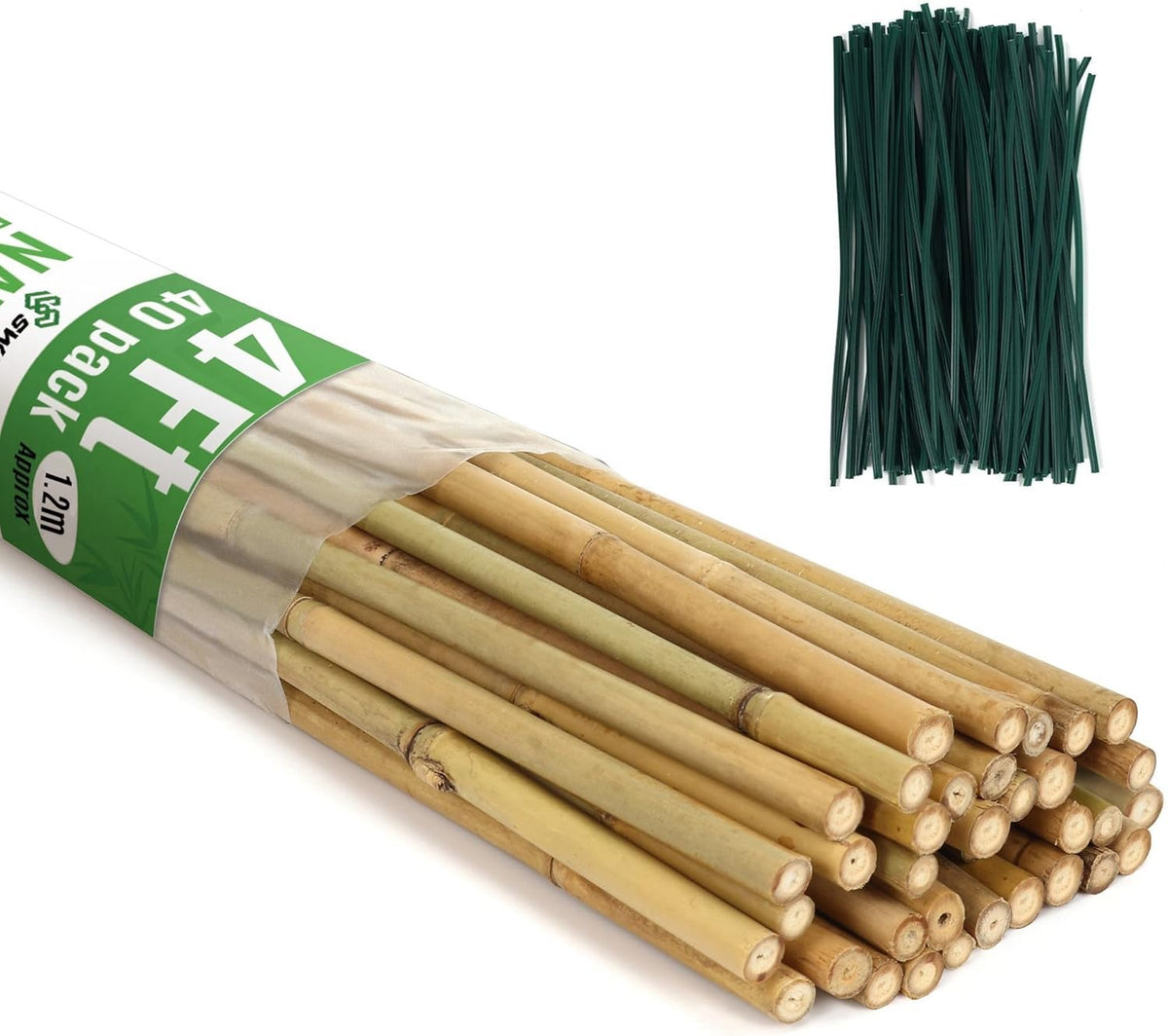SWANGSA 40 Pack 4 Feet Bamboo Stakes for Plant, Bamboo Sticks Plant Support Garden Stakes Poles with 200pcs Twist Ties for Tomatoes, Beans, Flowers, Potted Plants, Indoor and Outdoor Climbing Plants