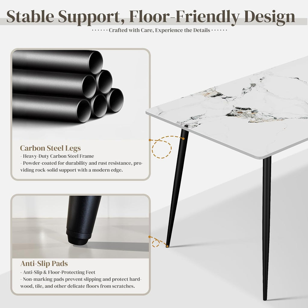63" Sintered Stone Dining Table, Modern Rectangular Kitchen Table with Carbon Steel Legs for 4-6 Seat, Scratch Heat and Stain Resistant for Dining Room/Restaurant (White w/Black Gold Vein)