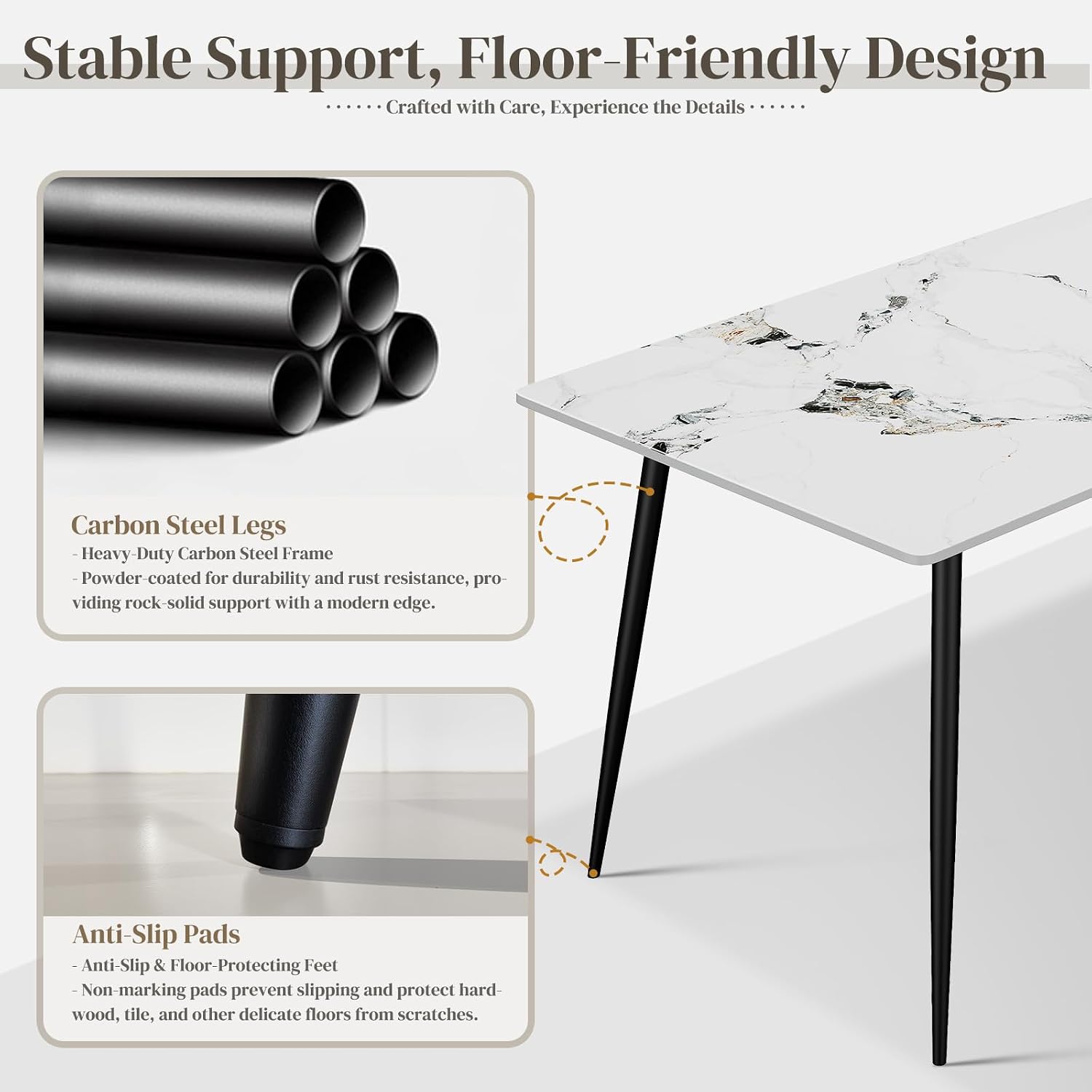 63" Sintered Stone Dining Table, Modern Rectangular Kitchen Table with Carbon Steel Legs for 4-6 Seat, Scratch Heat and Stain Resistant for Dining Room/Restaurant (White w/Black Gold Vein)