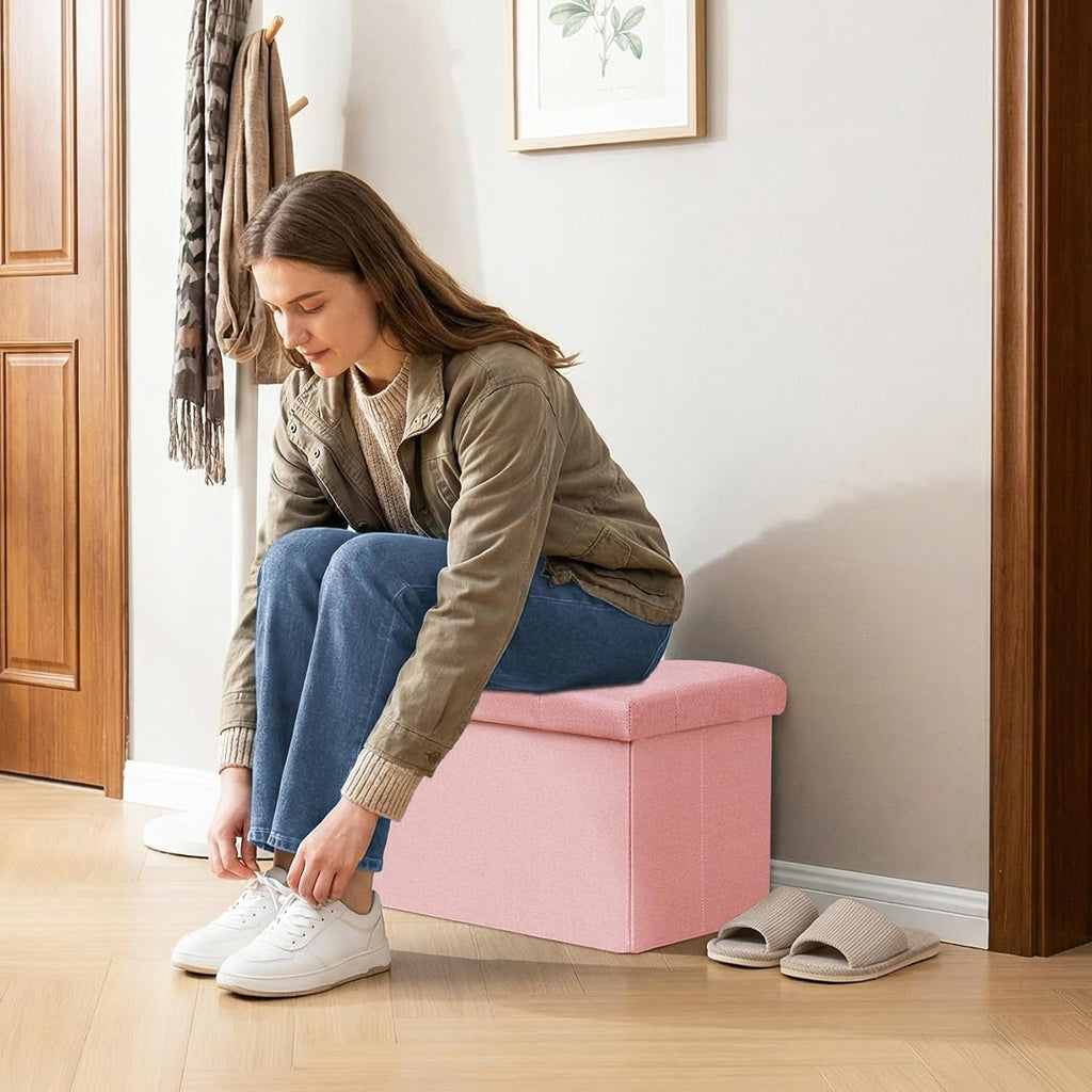 Folding Storage Ottoman, 16.5" Rectangular Footstool with Padded Tufted Lid, Collapsible Storage Footrest for Small Space, Living Room, Bedroom, Dorm, Pink