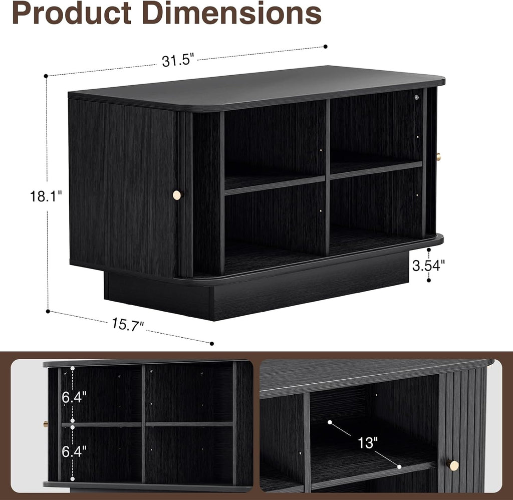 AKMAKM Fluted Shoe Storage Bench, 31" W Small Entryway Bench with Sliding Door, Mud Room Benches with Seat, Upholstered Wooden Rack Organization for Living Room, Apartment, Dorm, Black