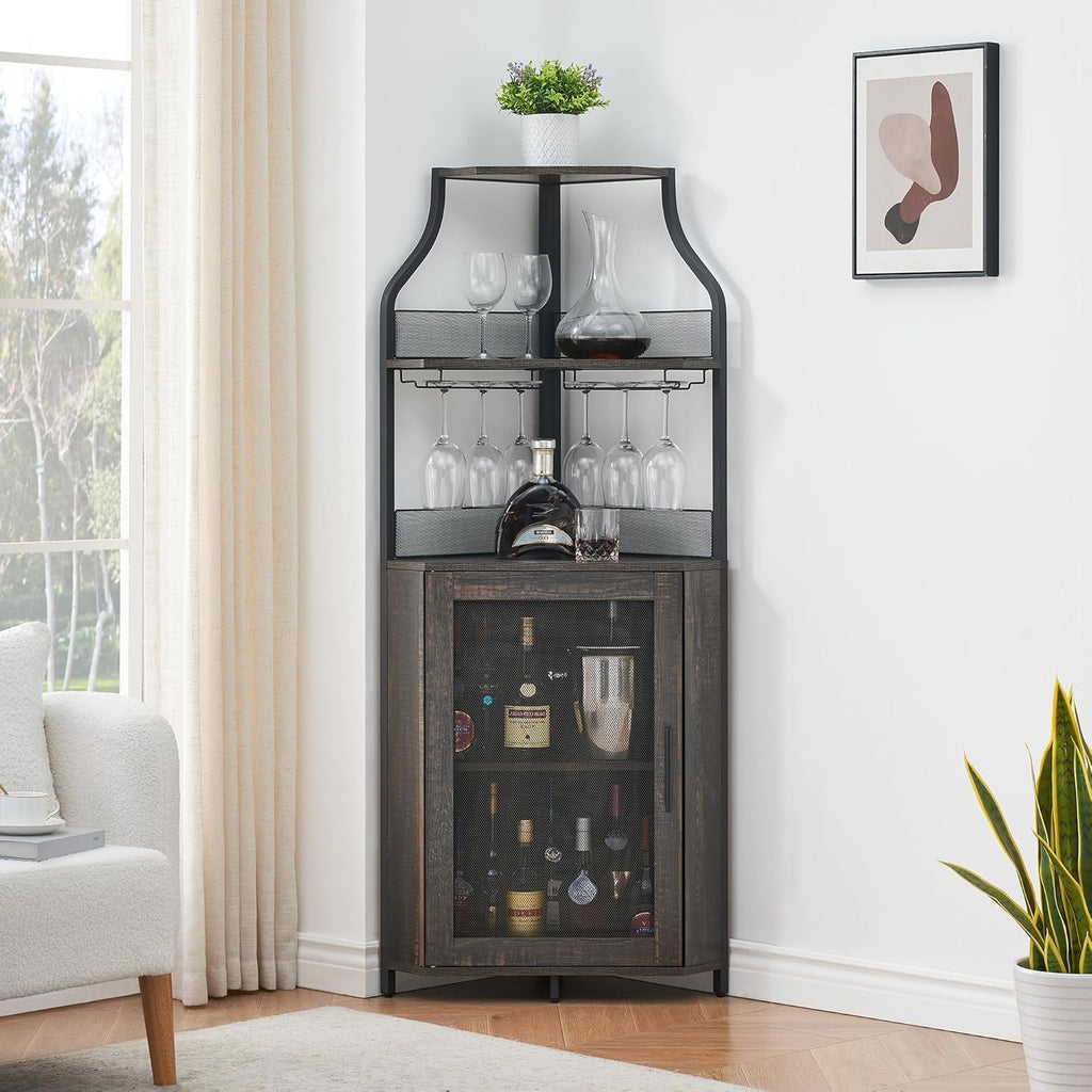 Garvee Corner Wine Rack Cabinet for Liquor Cabinet with Adjustable Shelves, 61 in Industrial Tall Bar Cabinet Freestanding with Mesh Door and Glass Holder for Kitchen, Rustic Brown