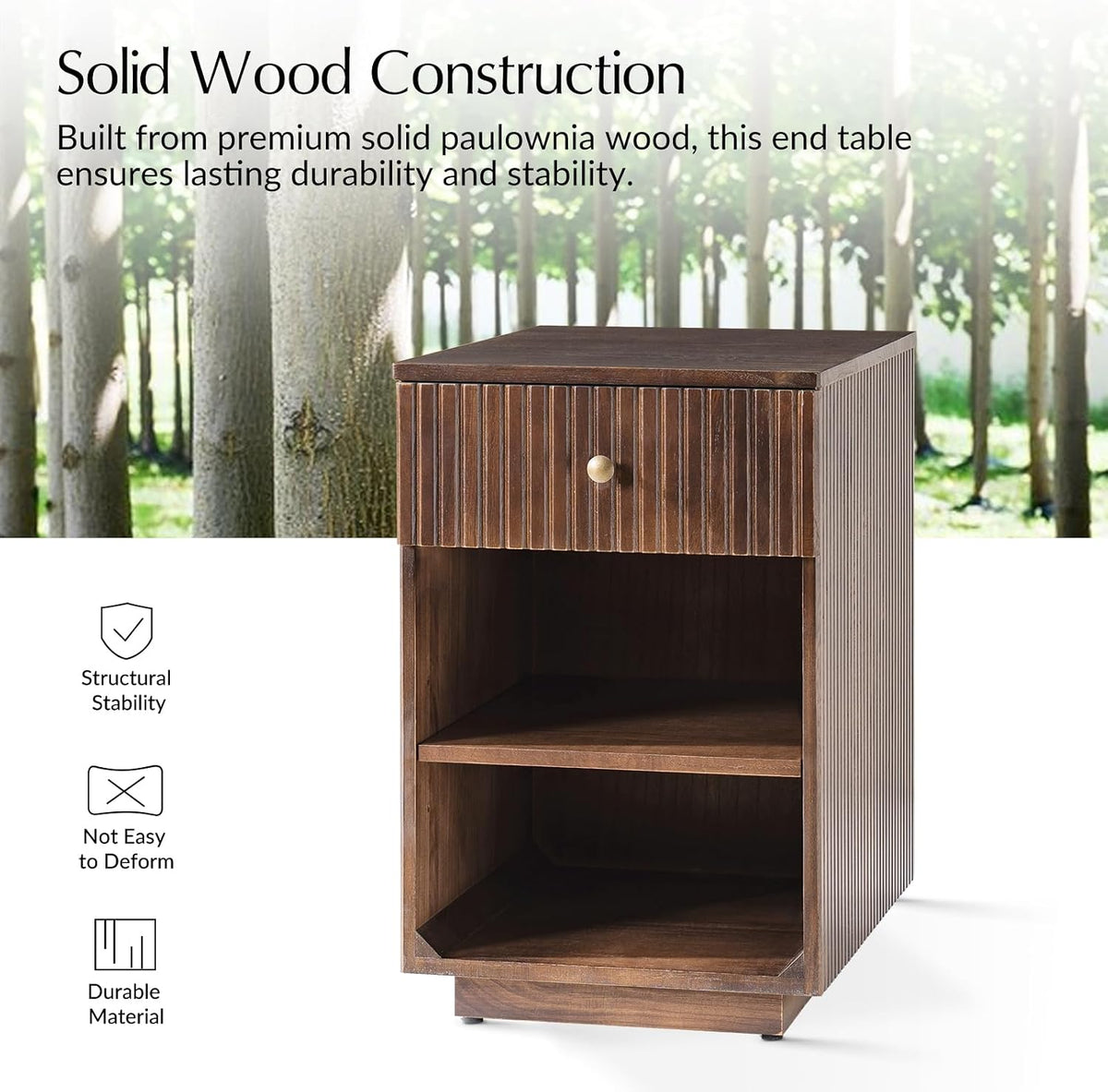 HULALA HOME Mid-Century Modern End Table with Drawer and Open Shelves, Solid Paulownia Wood Side Table, Brass Knob, No Assembly Required(Walnut)