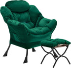 Youtanic Lazy Chair with Folding Ottoman, Accent Chair Velvet Upholstered with Metal Structure and Non-Slip Pads, Sofa Armchair with Footrest and Side Storage Bag for Dorm, Room, Office, Green